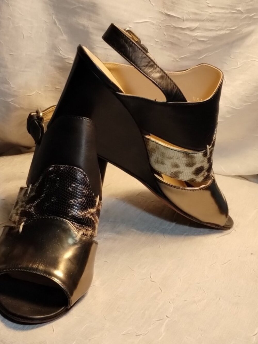 AGL Black Leather Wedge Sandals with Leopard Print Panel - Picture 2 of 10